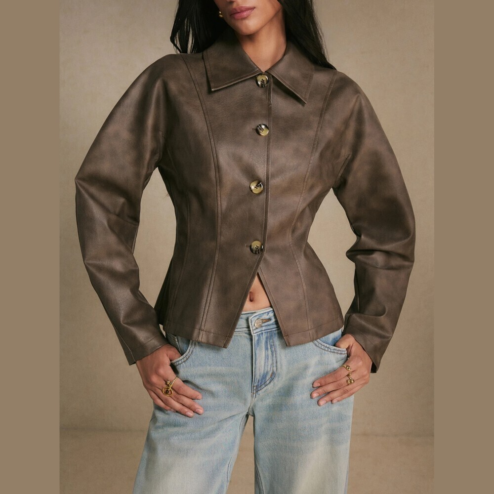 Brown Faux Leather Button Front Fitted Cinched Collar Jacket